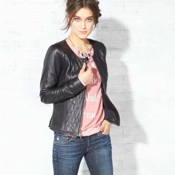 Hinge Collarless Quilted Black Leather Jacket - Picture 3 of 12